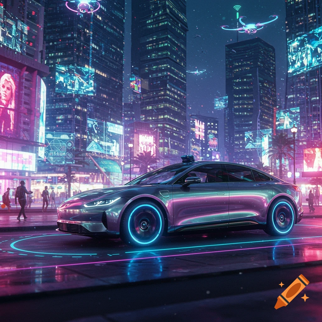 A sleek, self-driving car with glowing wheels navigates a neon-lit cyberpunk city street at night, with futuristic skyscrapers and flying drones.