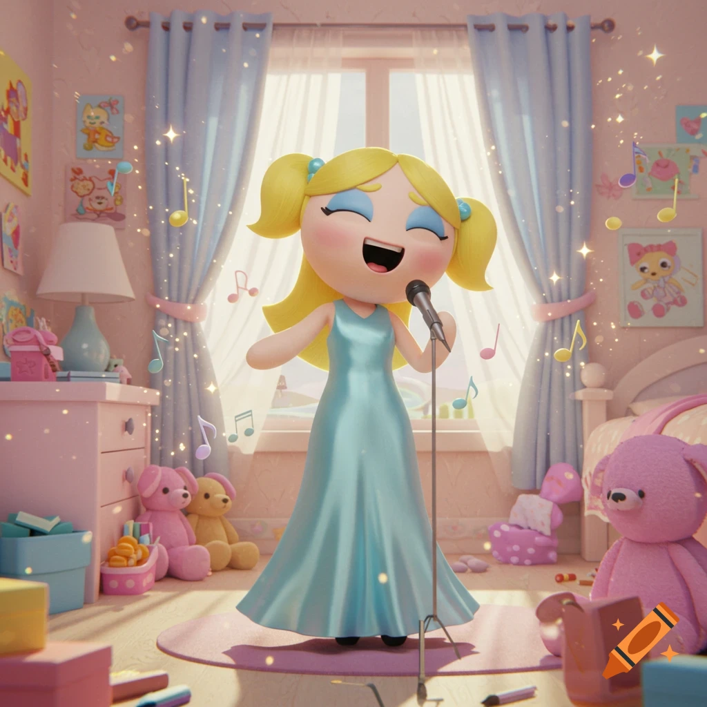 3D cartoon of Bubbles from Powerpuff Girls singing into a microphone in a pink bedroom with floating musical notes.