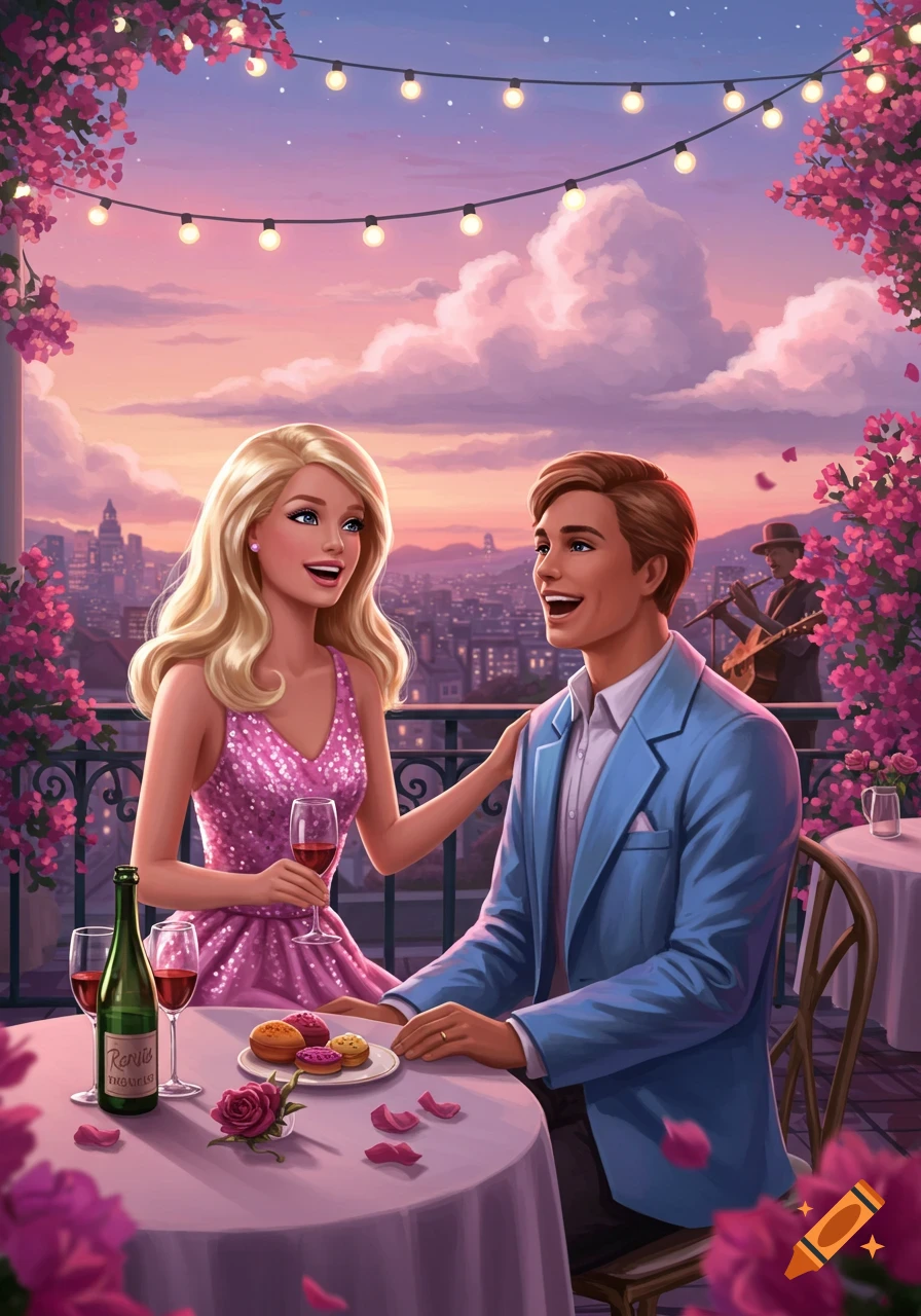 Barbie and Ken on a romantic date at a rooftop restaurant, enjoying wine and dessert under string lights and a sunset sky.