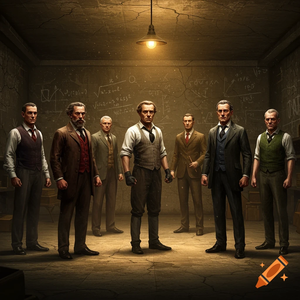 Seven serious men in vintage suits stand under a single light in a dark room with math equations on the walls.