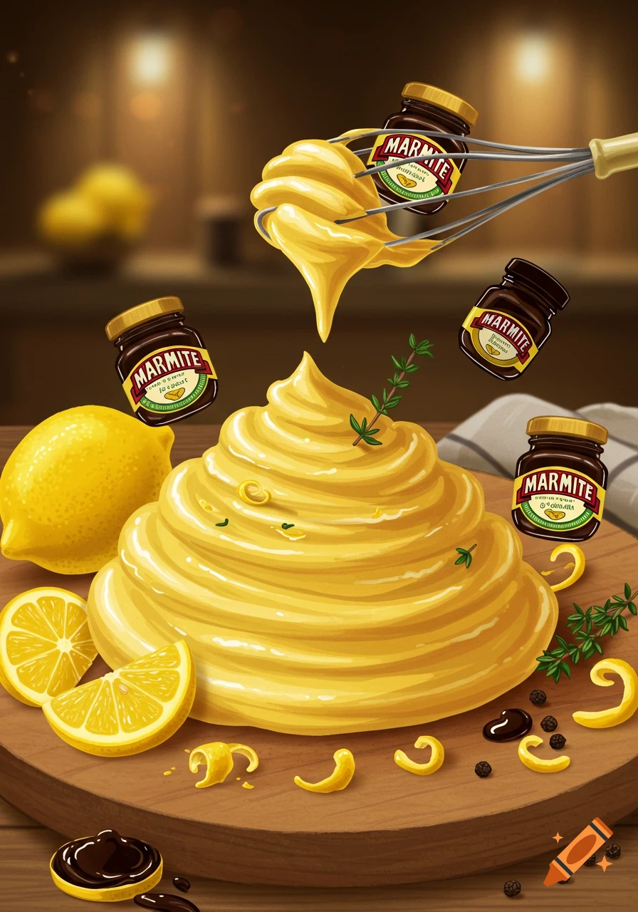 An illustration of a large swirl of yellow lemon pate on a wooden board with lemon slices, lemon zest, thyme, peppercorns, and three jars of Marmite, with a whisk dripping pate from above.