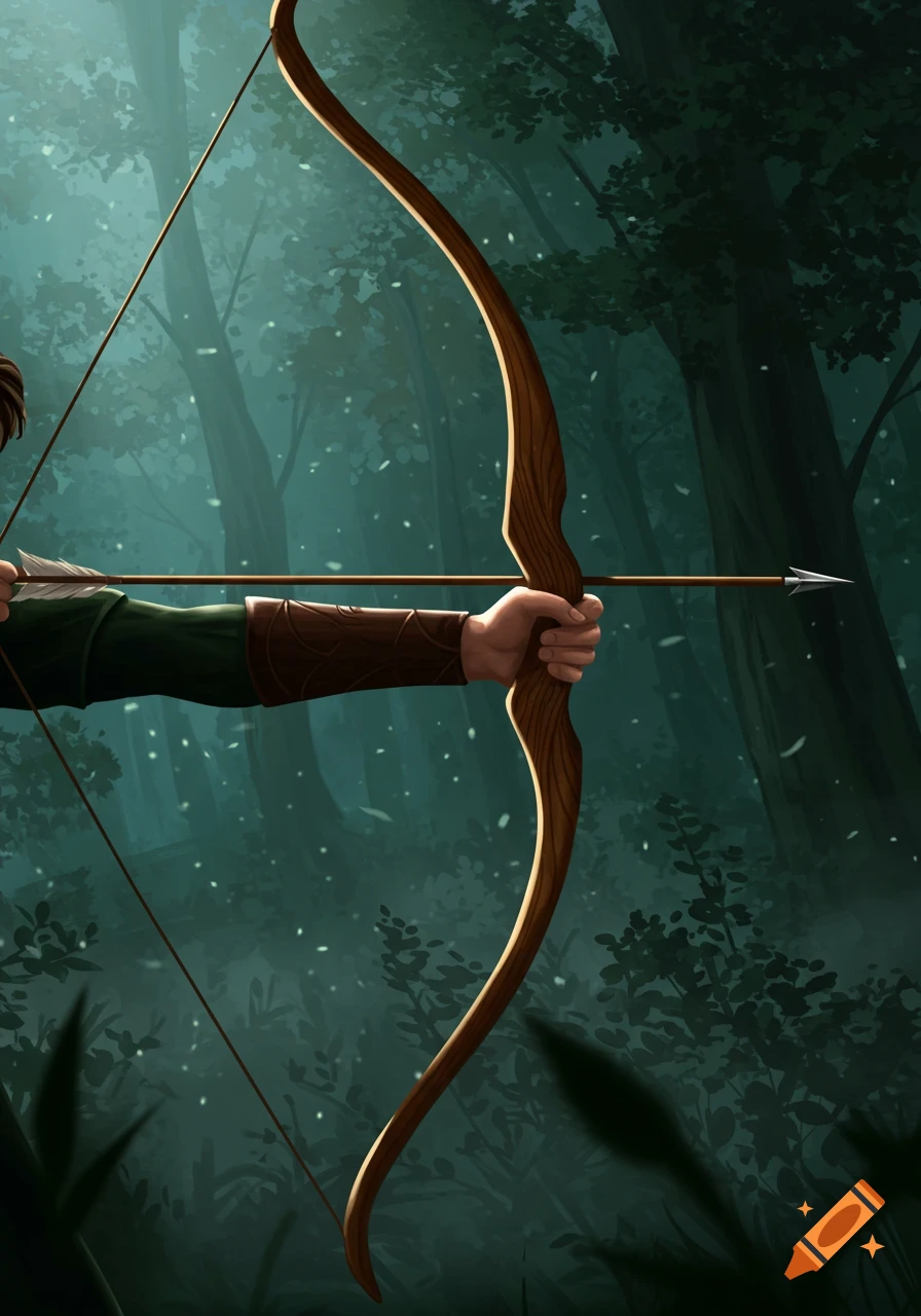 A close-up illustration of an archer holding a wooden bow and arrow, aimed in a misty, dark forest.