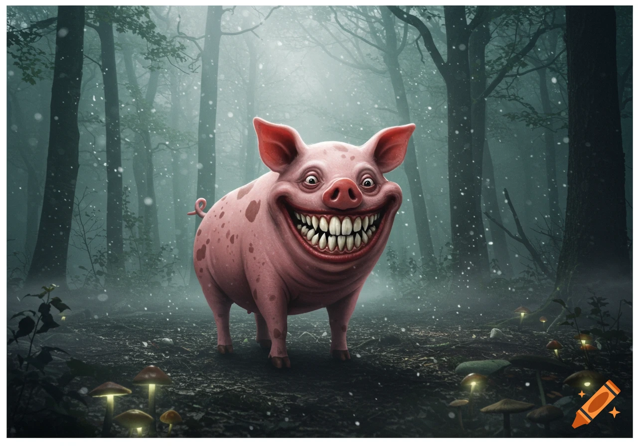 A creepy, cartoonish pink pig with a wide, toothy grin and bulging eyes stands in a dark, misty forest with glowing mushrooms.