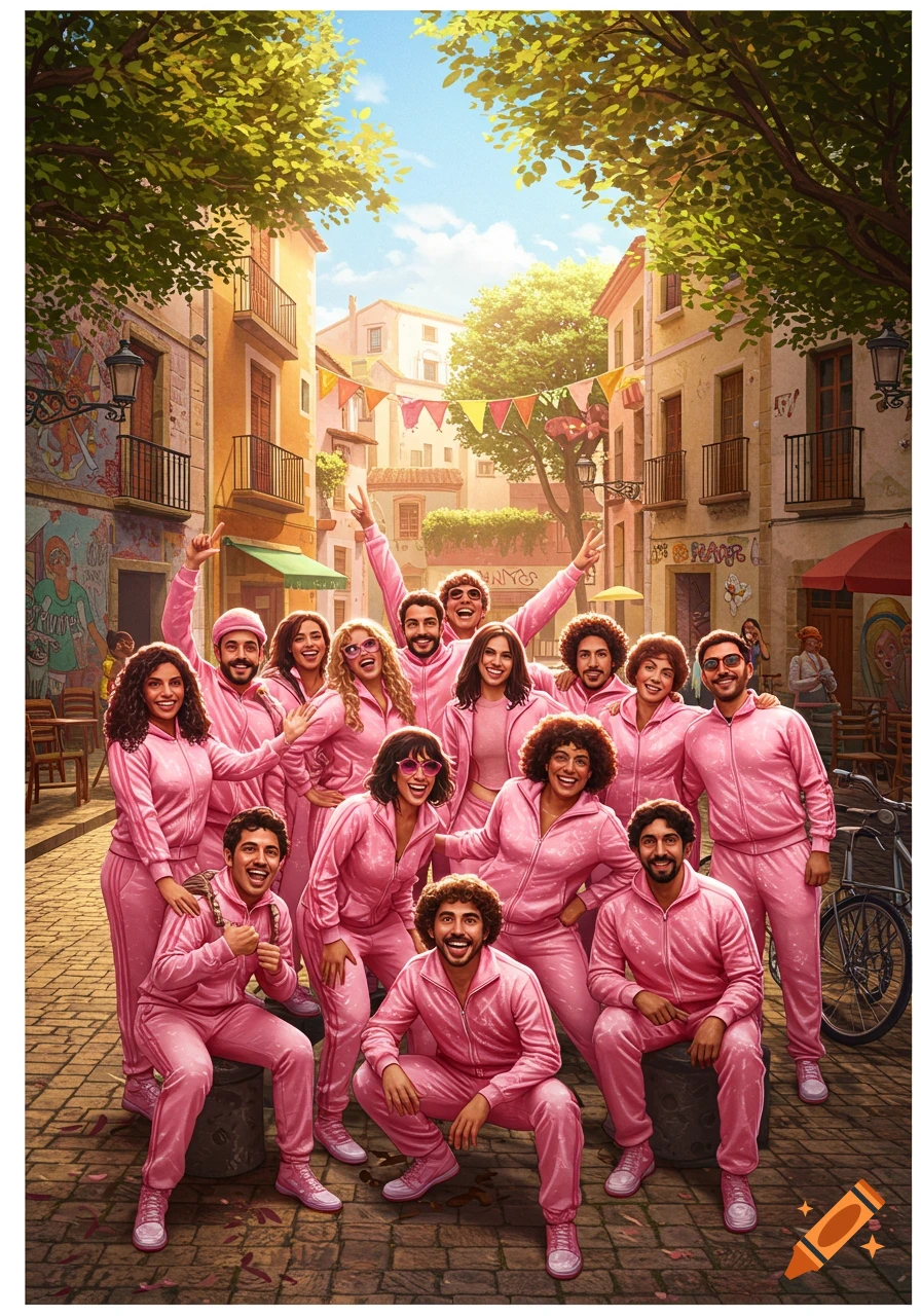 A large group of people in matching pink tracksuits pose happily in a bright, festive Mediterranean-style street with colorful buildings and banners.