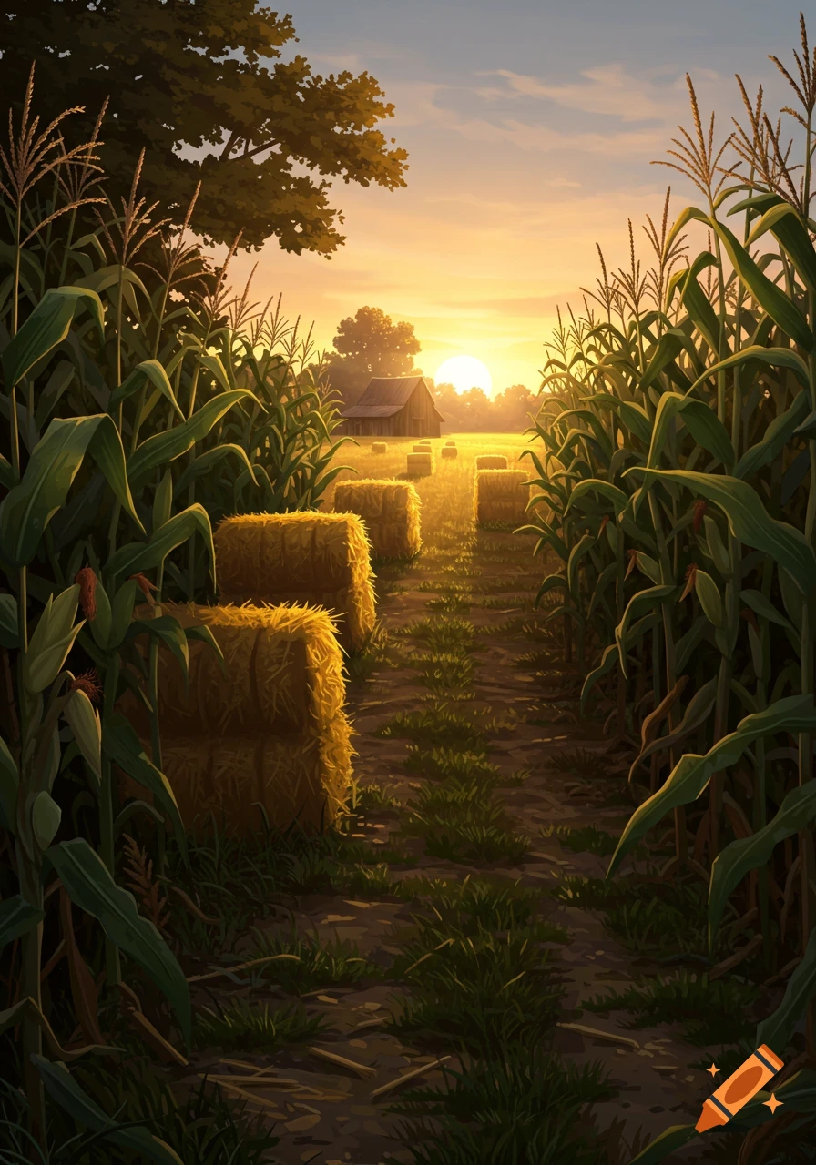 A path through a golden corn field lined with hay bales, leading to a distant barn under a vibrant sunset sky, in a stylized illustration.