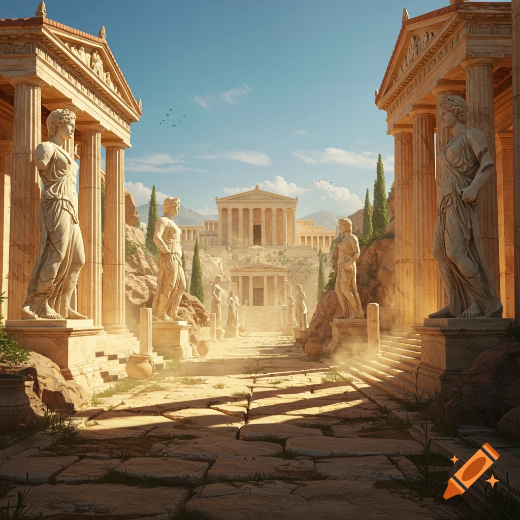 A sunlit path through an ancient Greek city with grand temples and classical statues lining the way.