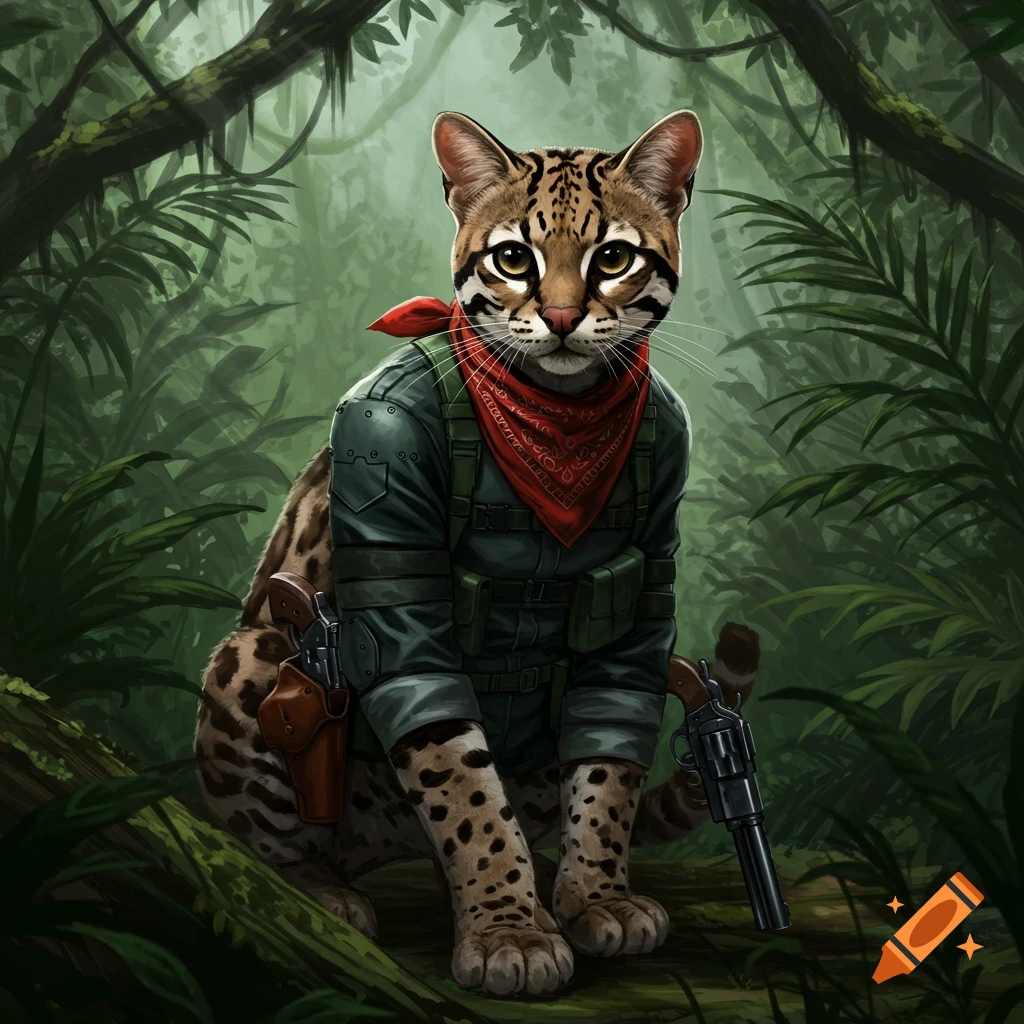 An anthropomorphic ocelot in military uniform and a red bandana sits in a lush jungle, with revolvers.