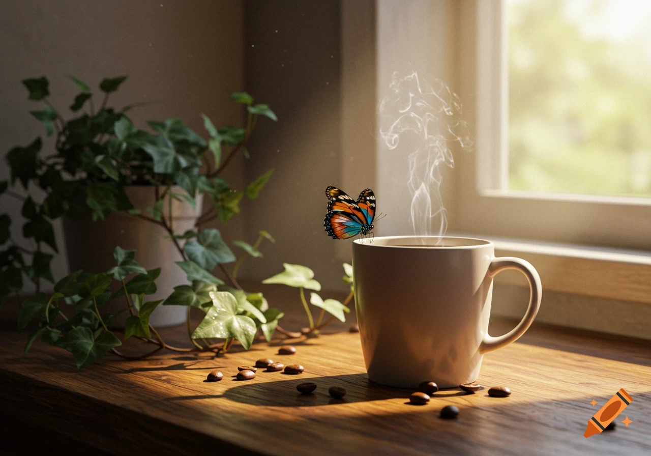 A butterfly hovers over a steaming coffee cup on a sunlit wooden table with coffee beans and a plant.
