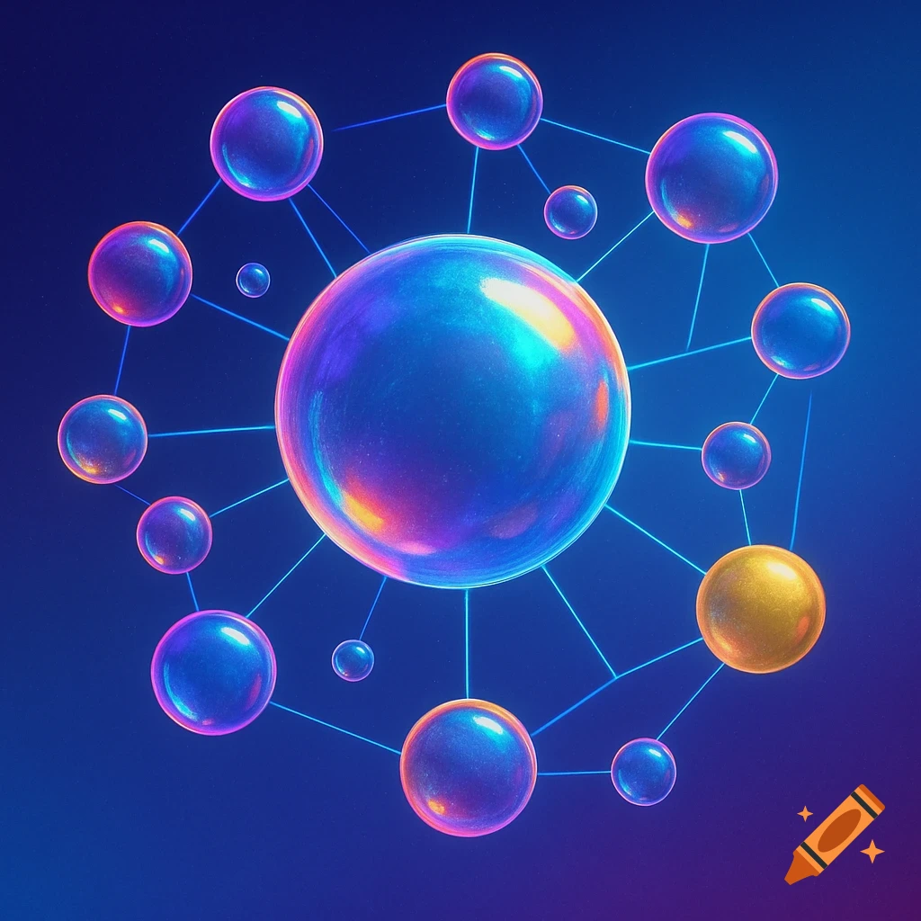 Abstract diagram of iridescent bubbles connected by neon lines, with a large central bubble and one golden bubble.