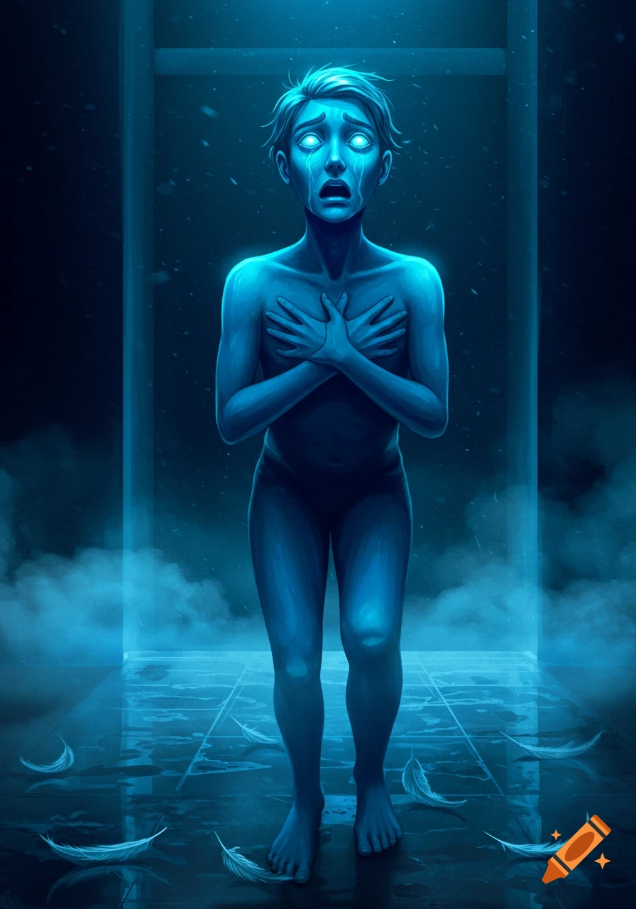A blue-skinned person with glowing eyes cries in distress, standing in a misty, wet room with fallen feathers, digital art.