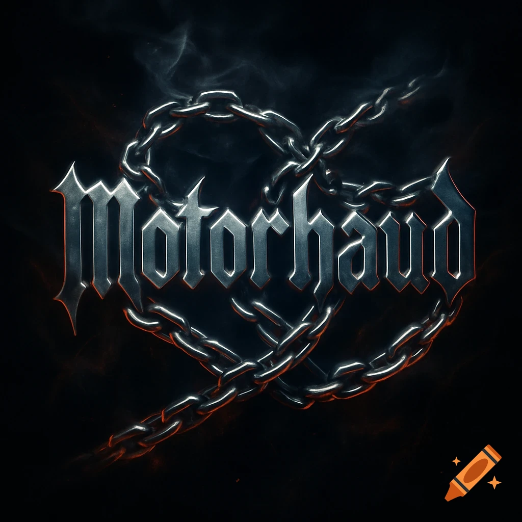 Metallic 'Motorhaud' text intertwined with chains and smoke on a dark background, in a heavy metal style.