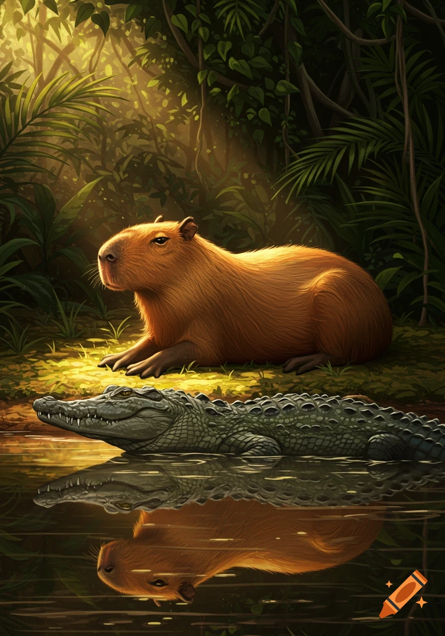 A capybara rests on a sunlit jungle riverbank above a partially submerged crocodile, both reflected in the water.