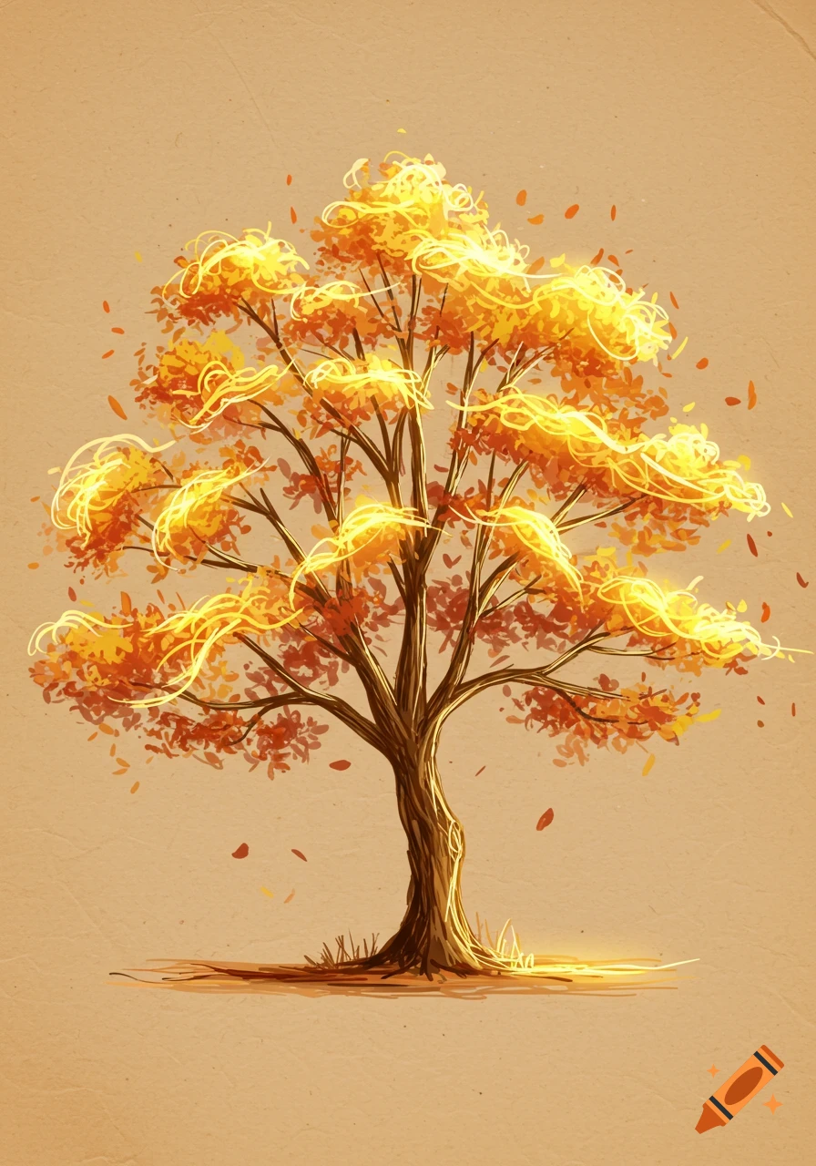 Stylized sketch of an autumn tree with glowing orange and yellow light brush strokes on a light brown background.