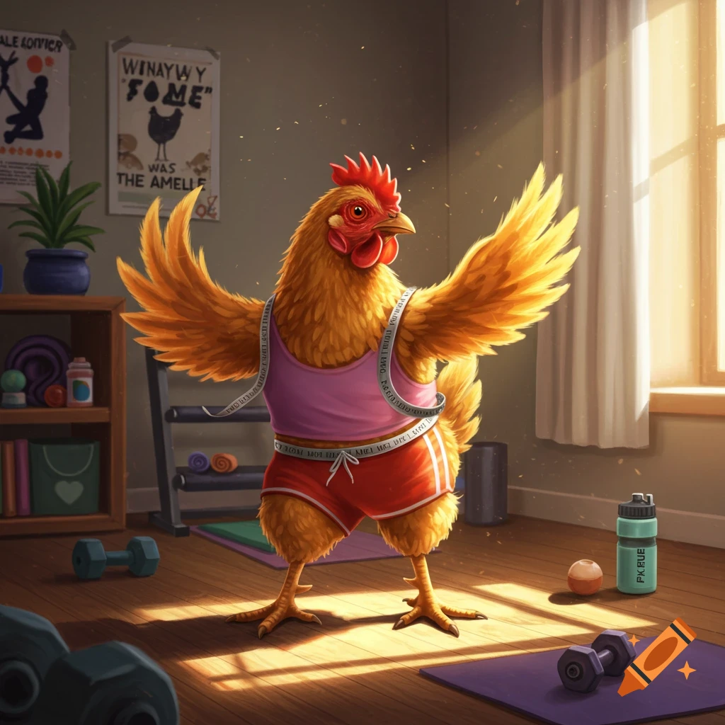 A cartoon chicken in a pink tank top and red shorts poses like a bodybuilder in a sunlit home gym.