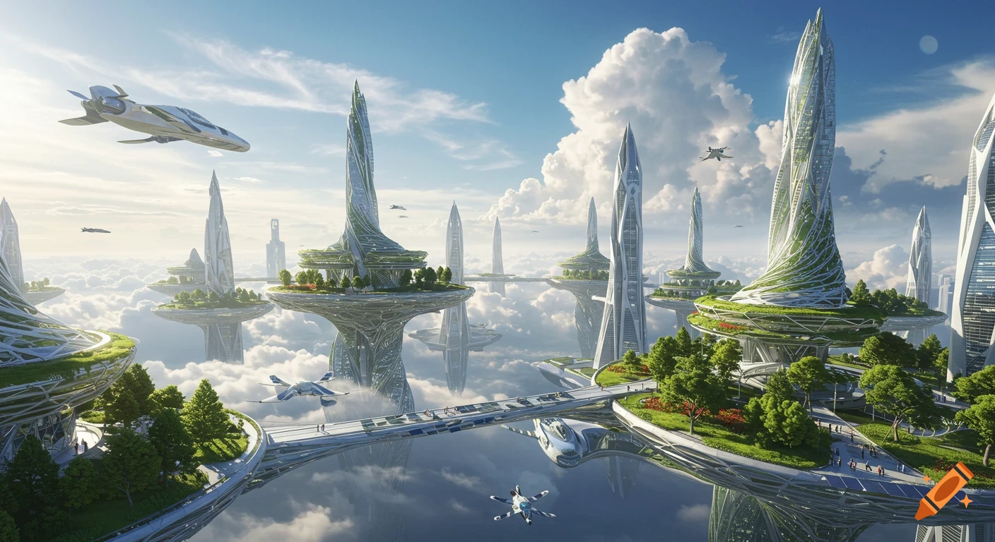 Hyperrealistic view of a futuristic utopian city in the sky with organic skyscrapers on floating islands, connected by bridges, and flying vehicles.