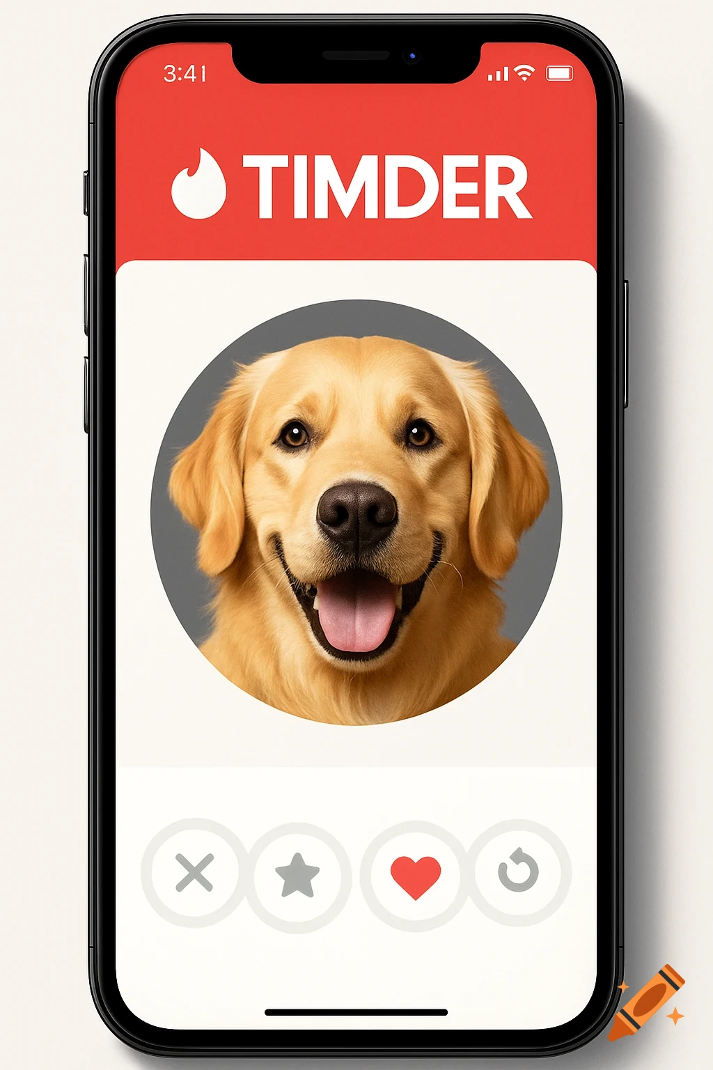 A smartphone displaying a dating app called TIMDER, featuring a smiling golden retriever profile picture and UI buttons.