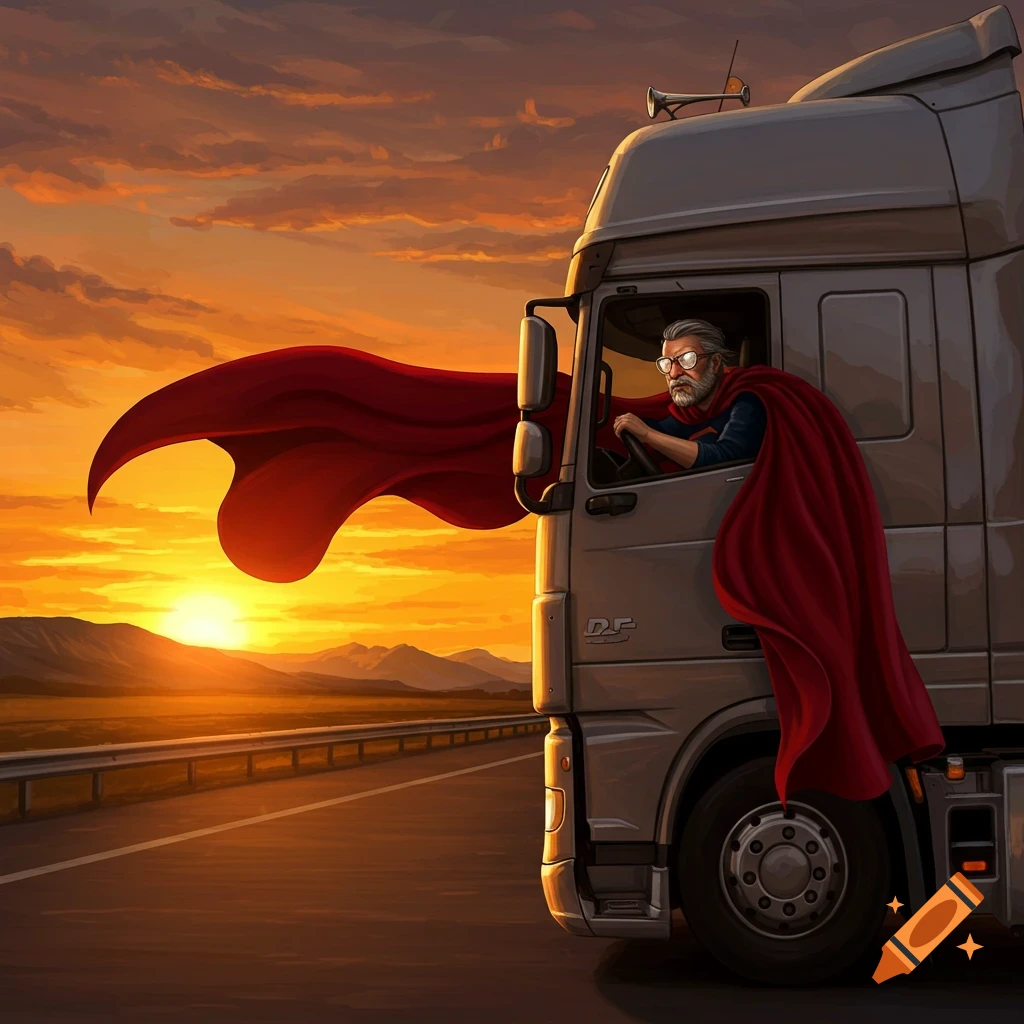 An illustrated older man in glasses and a red superhero cape drives a semi-truck at sunset on a highway.
