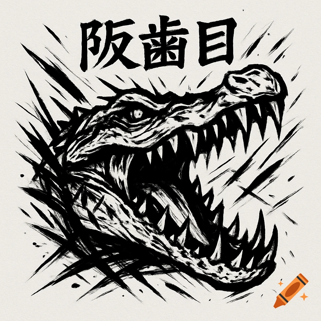Black and white tattoo design of a feral crocodile head with jaws wide open, sharp teeth, abstract lines, and Japanese kanji.