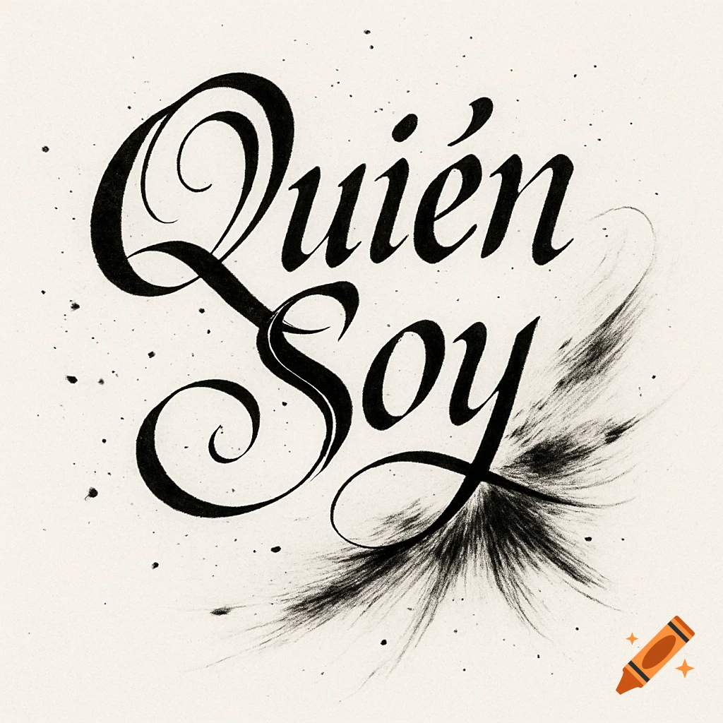 Elegant black calligraphic text 'Quién Soy' on a light background with ink splatters.