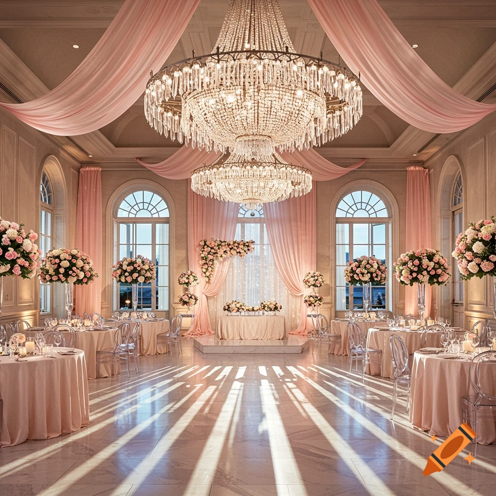 Grand wedding reception hall with crystal chandeliers, pink drapes, floral arrangements, set tables, and sunlight on marble floor.