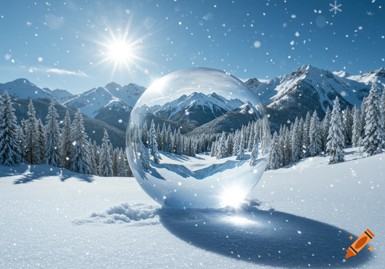 A crystal ball on a snowy mountain landscape with pine trees, bright sun, and falling snowflakes, reflecting the inverted scene.