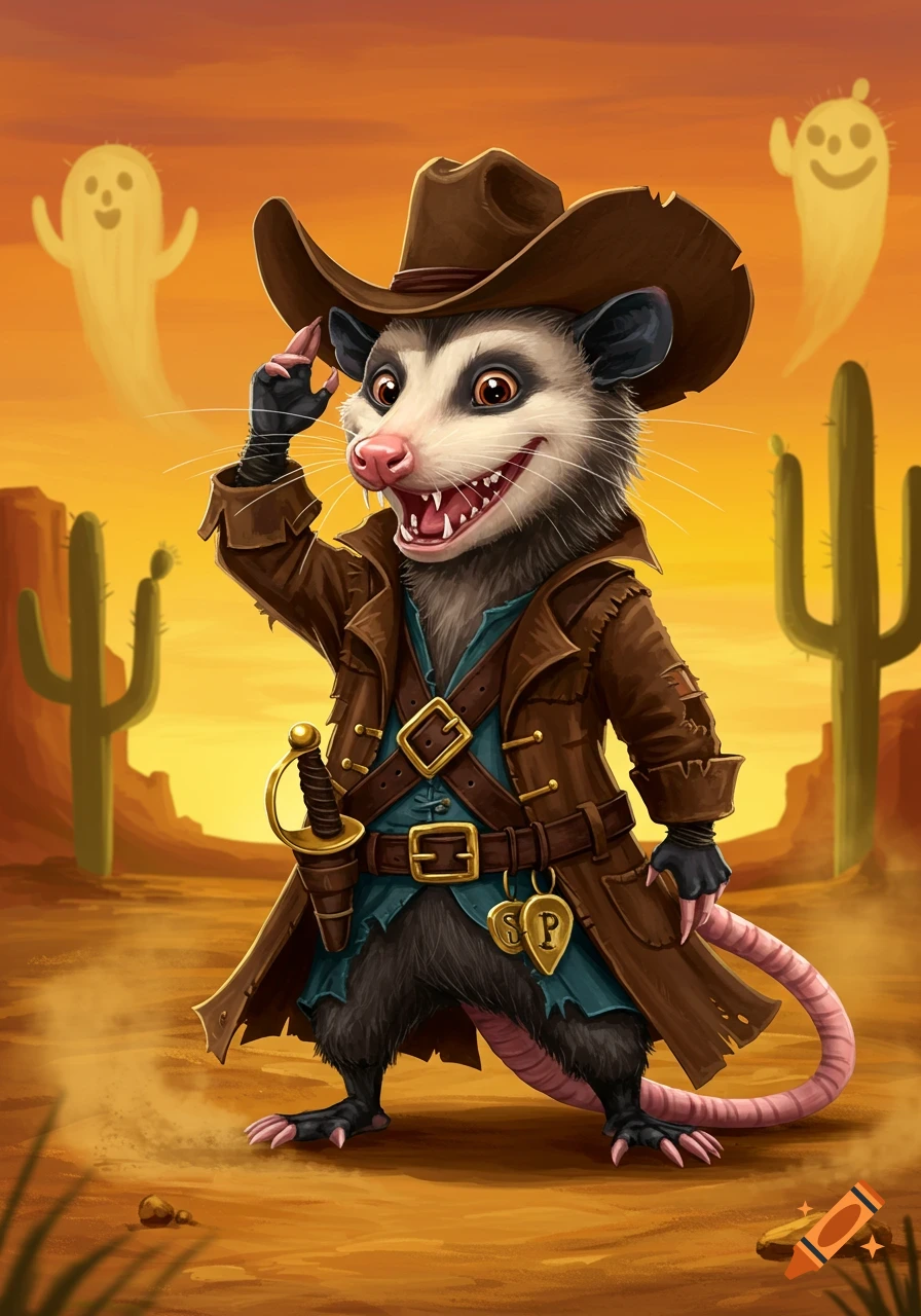 A cartoon opossum dressed as a cowboy and pirate hybrid, tipping its hat in a vibrant desert landscape with cacti.