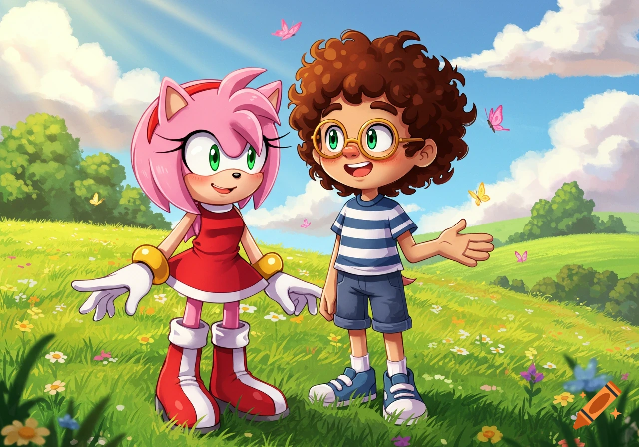Cartoon of Amy Rose and a curly-haired boy with glasses standing in a sunny field with flowers and butterflies.