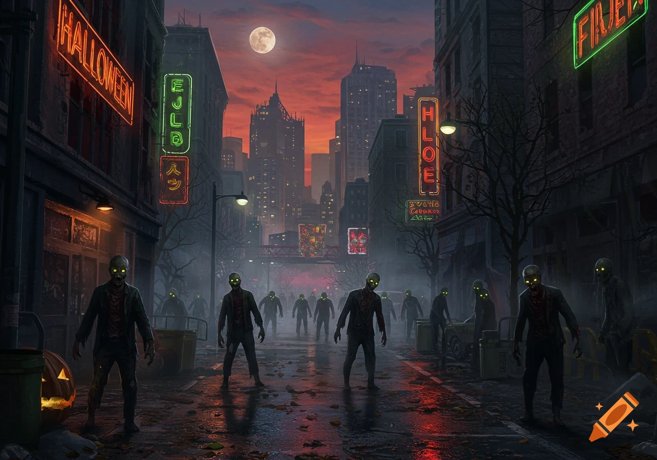 A dark, ominous city street at night under a full moon, with several zombies shambling towards the viewer. Neon signs glow on the old buildings, casting reflections on the wet street.