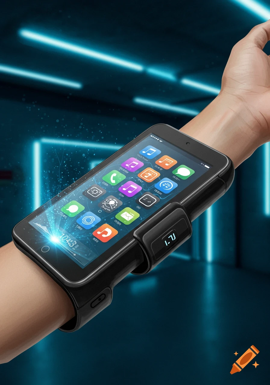 A close-up of a forearm wearing a black futuristic touchscreen tablet device displaying colorful app icons and time on a neon blue background.