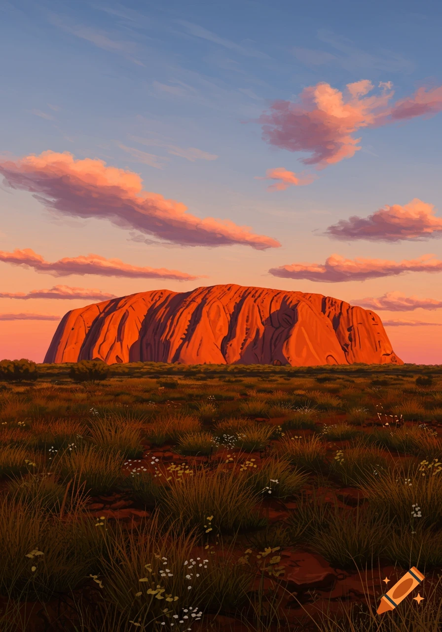 Painterly landscape of Uluru (Ayers Rock) glowing red at sunset, with a grassy field under a colorful sky.