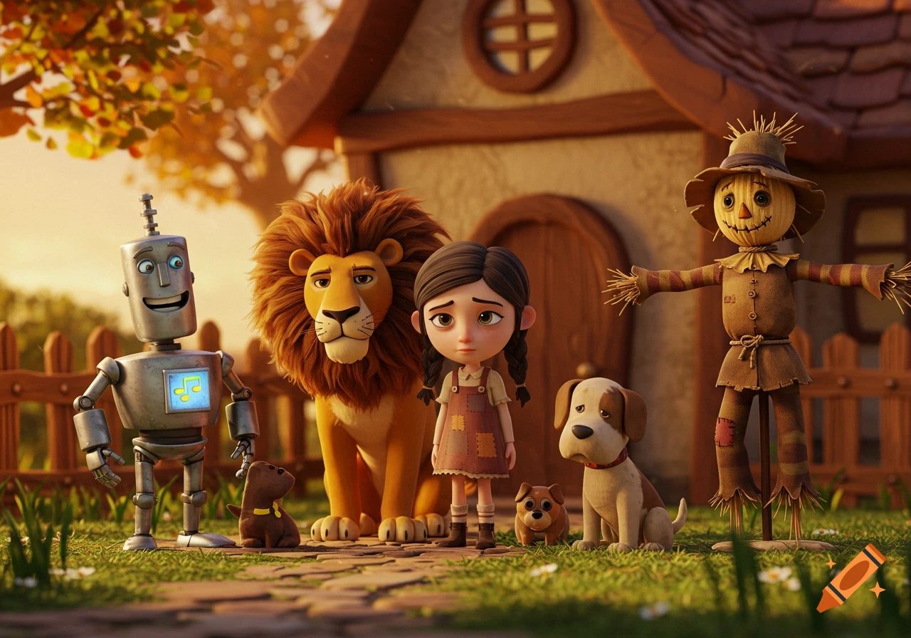 A 3D cartoon image featuring the Tin Man, a lion, Dorothy, two dogs, and a scarecrow in front of a house, set in an autumn landscape.