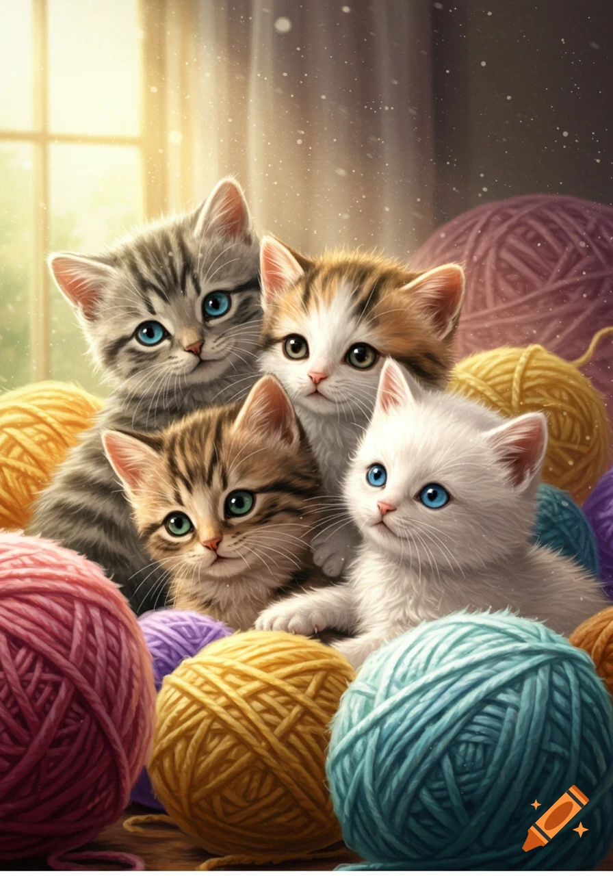 Four fluffy kittens, two tabby, one calico, and one white, with bright eyes, sitting among colorful yarn balls. Digital illustration.