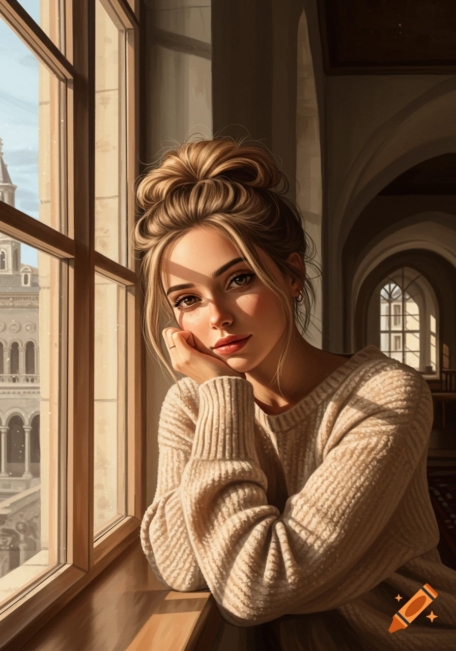 Digital illustration of a young woman with a messy bun, wearing a sweater, looking out a sunlit window at a castle.