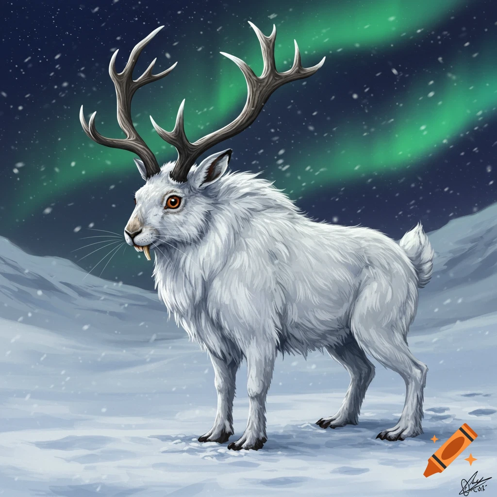 A white, furry hare-like creature with antlers and prominent teeth stands in a snowy tundra under the green aurora borealis.