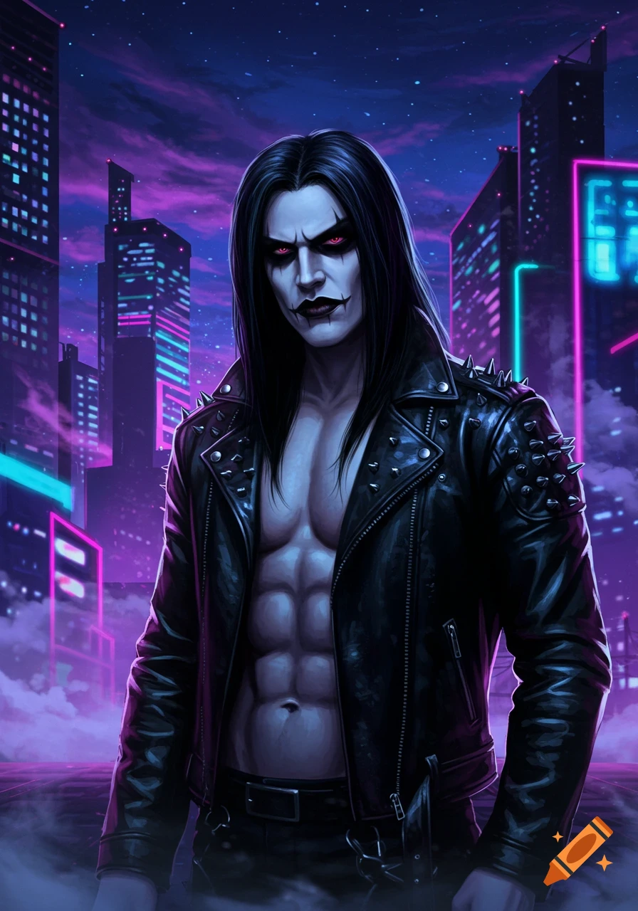 Muscular goth male with long black hair, dark makeup, and an open studded leather jacket in a neon-lit cyberpunk city at night.