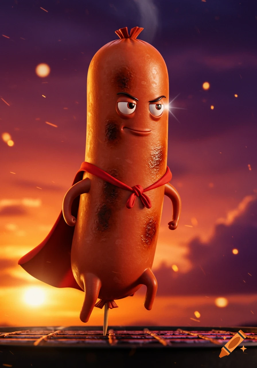 A cartoon superhero sausage with a red cape stands heroically on a grill against a fiery sunset background.