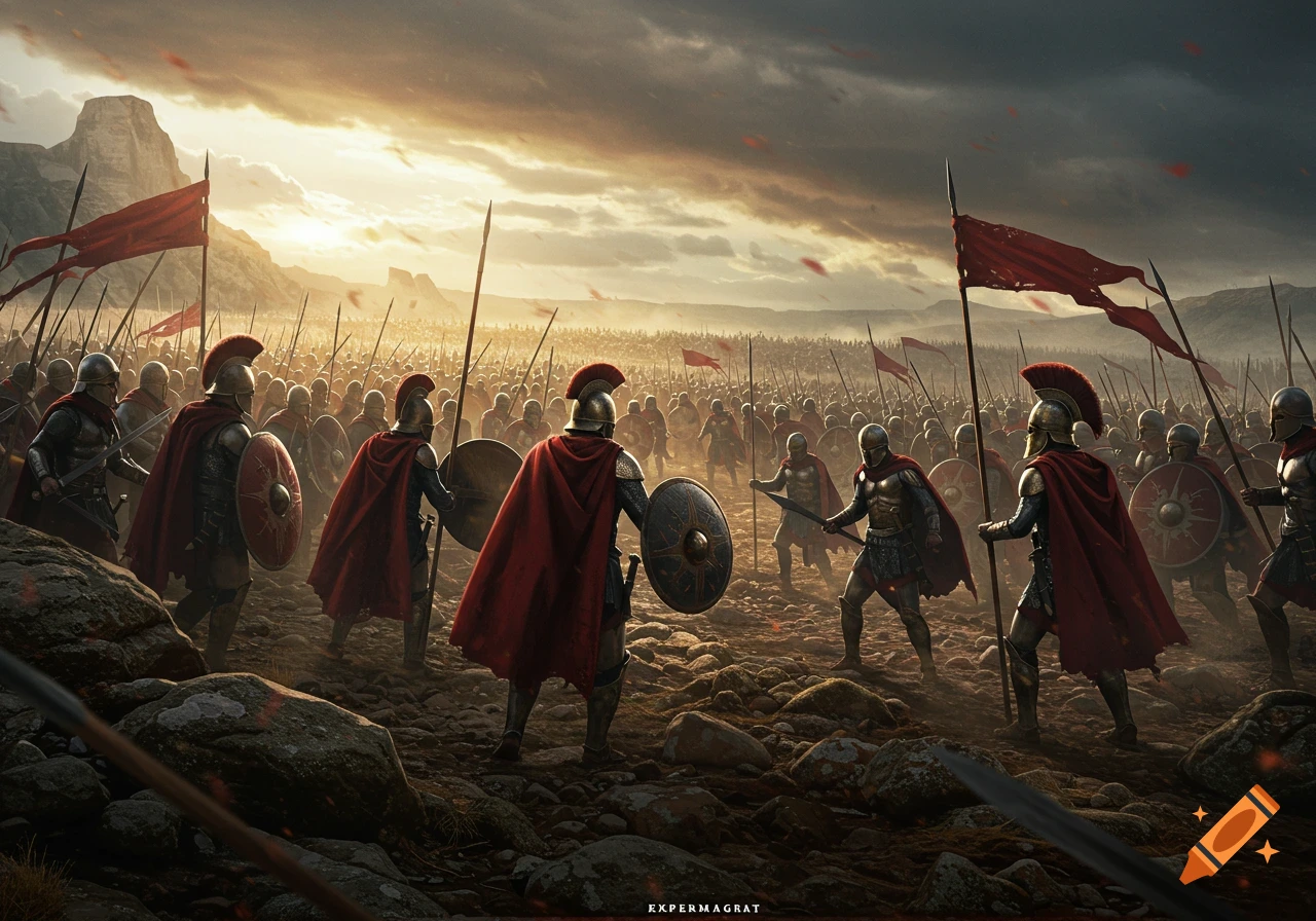 An epic battle scene with an army of ancient warriors in red cloaks and helmets on a rocky field under a dramatic sunset sky.