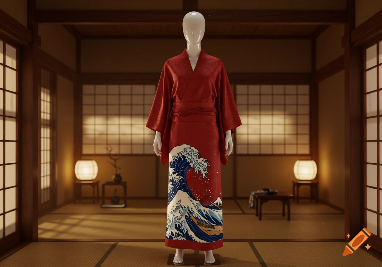 A white mannequin wears a red yukata featuring Hokusai's Great Wave design, standing in a traditional Japanese room.