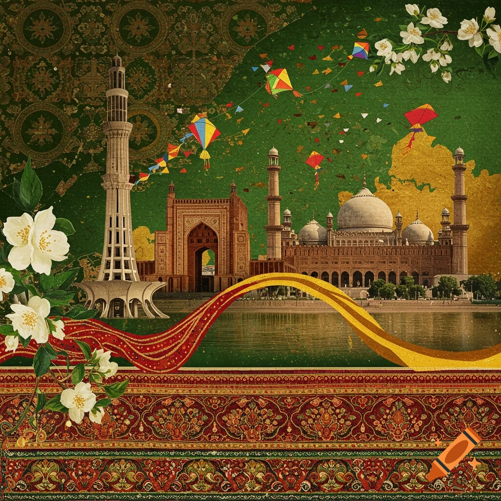 Stylized decorative image of Pakistani landmarks, white jasmine flowers, and colorful kites against a green and gold patterned background with traditional borders.