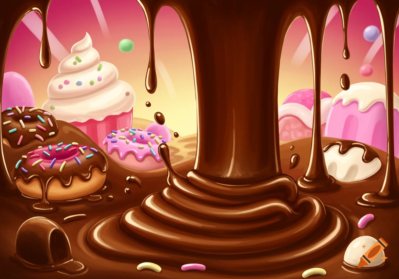A vibrant illustration of melted chocolate cascading over a landscape of colorful donuts, cupcakes, and candies.
