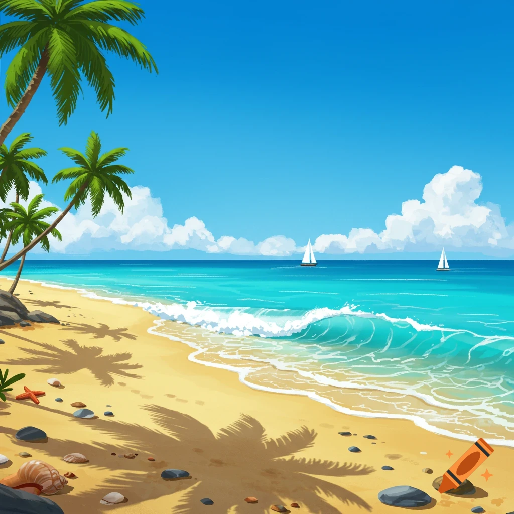 An illustration of a sunny tropical beach with palm trees, blue ocean waves, sand, rocks, shells, a starfish, and two sailboats.