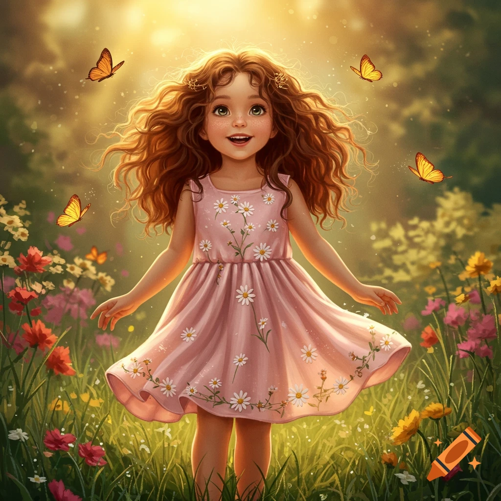 A cute young girl with long curly hair smiles in a sunny field filled with colorful wildflowers and butterflies, in an illustrative style.