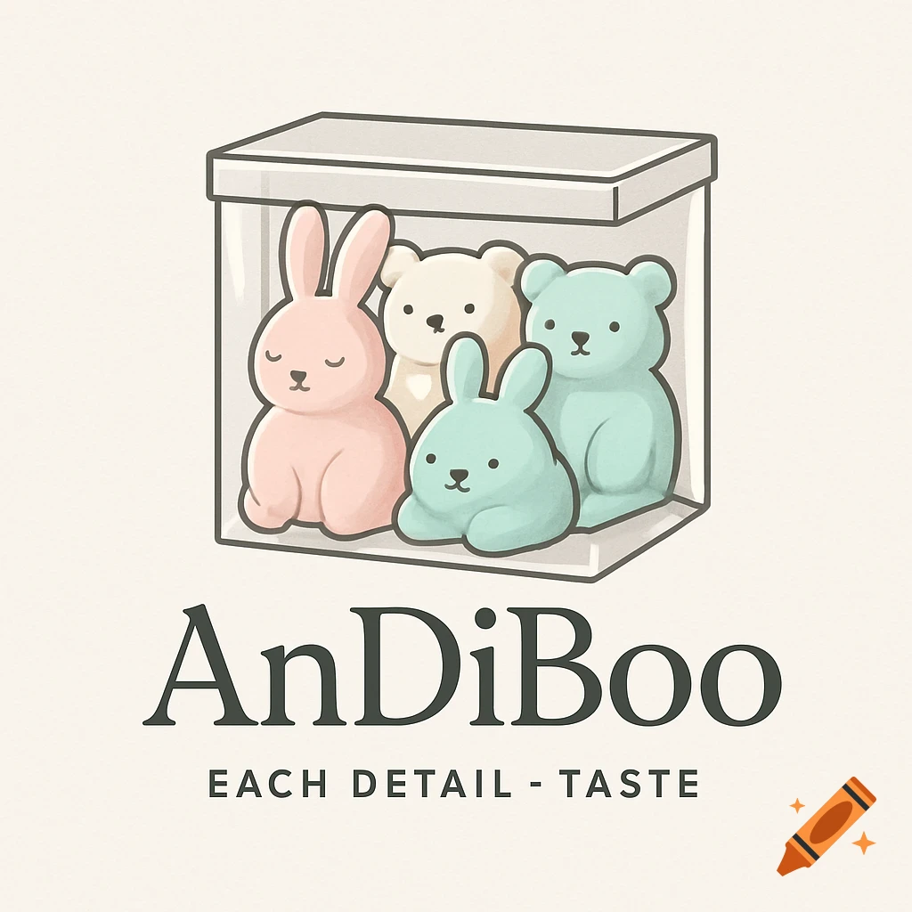 Cute pastel logo with two pink bunnies and two bears in a clear container, above 'AnDiBoo EACH DETAIL - TASTE'.