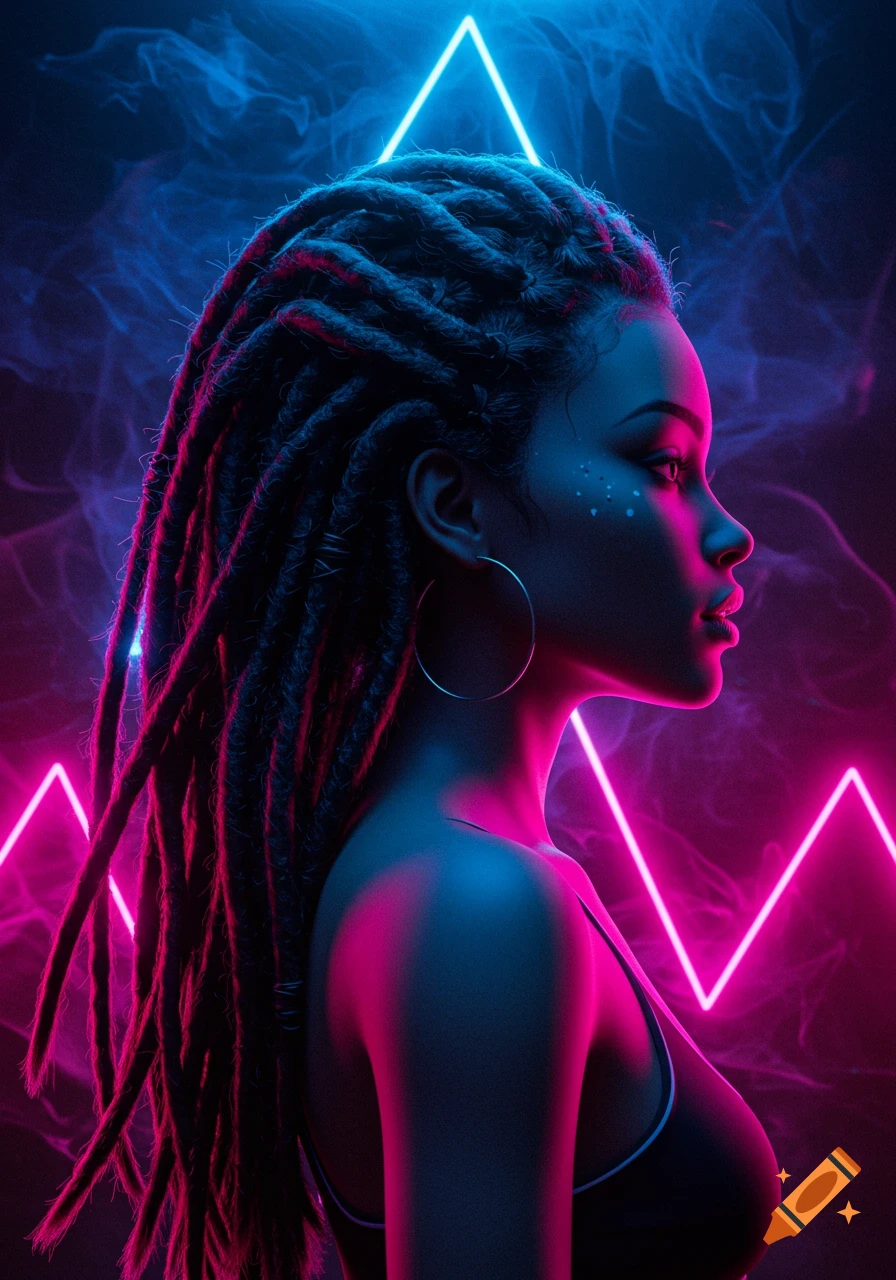 Side profile of a woman with dreadlocks, bathed in neon pink and blue light, with geometric shapes.