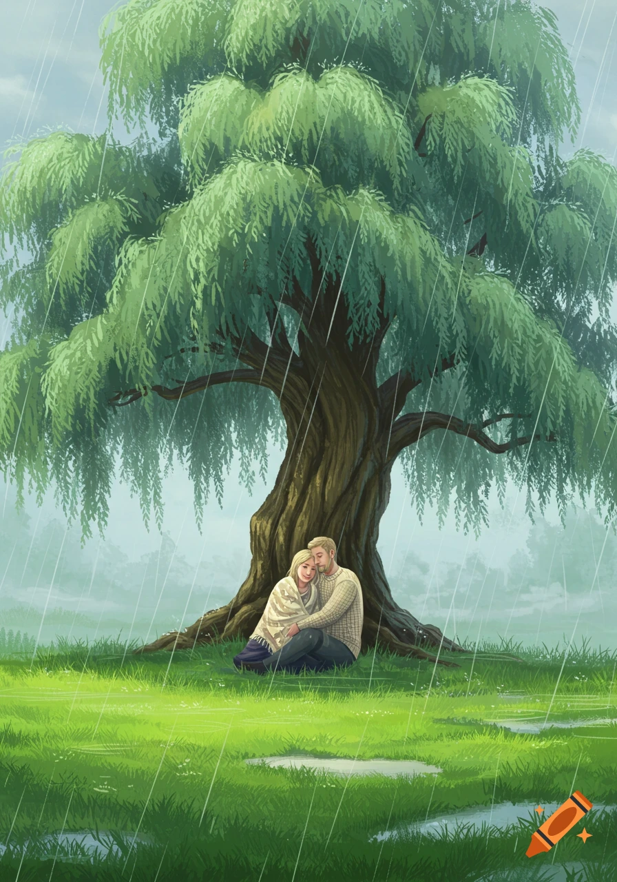 An illustration of a loving couple embracing under a large willow tree in a rainy, grassy field.