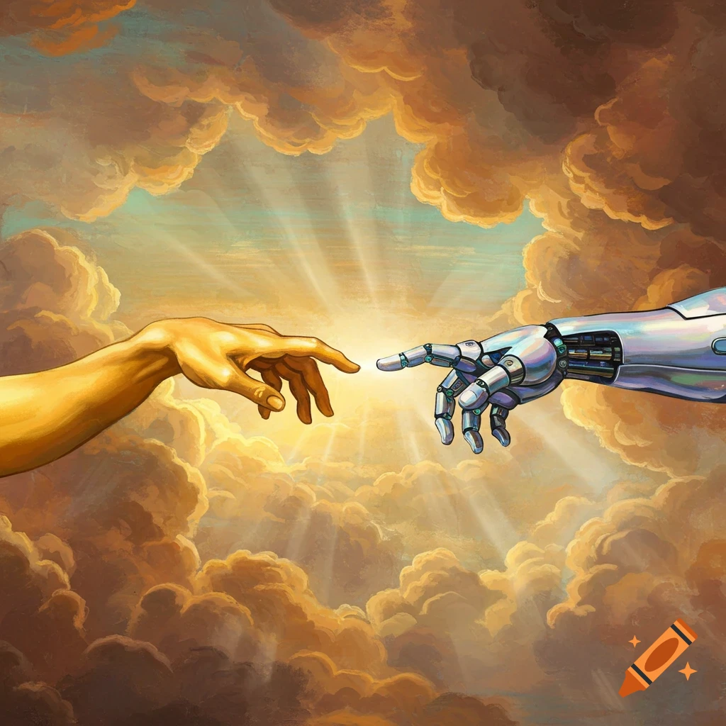 Painterly image of a golden human hand and a robot hand almost touching amidst dramatic clouds and sun rays.