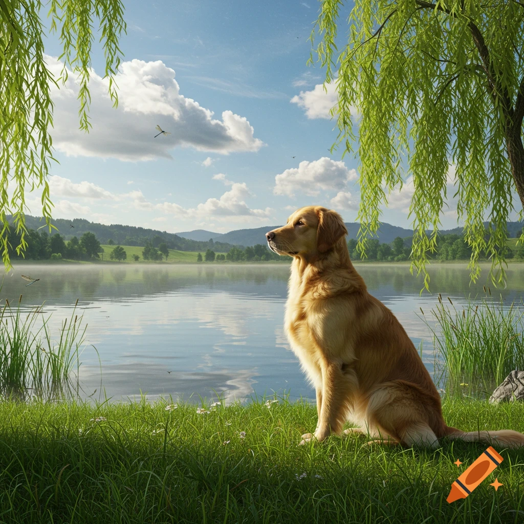 A photorealistic golden retriever sits on green grass by a calm lake with willow branches overhead and hills in the background under a blue sky.