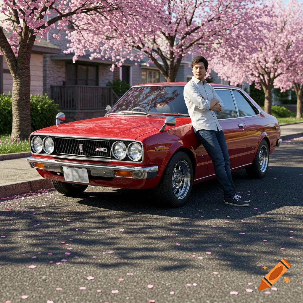 Man leans on a red vintage Toyota car on a street under blooming cherry blossom trees, with pink petals scattered on the asphalt.