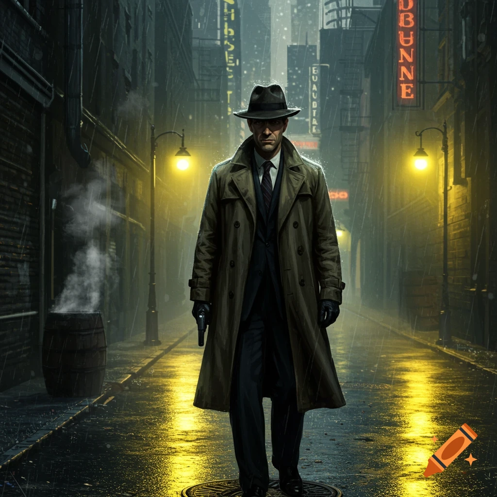 A man in a trench coat and fedora holding a gun walks down a rainy, neon-lit city alley.