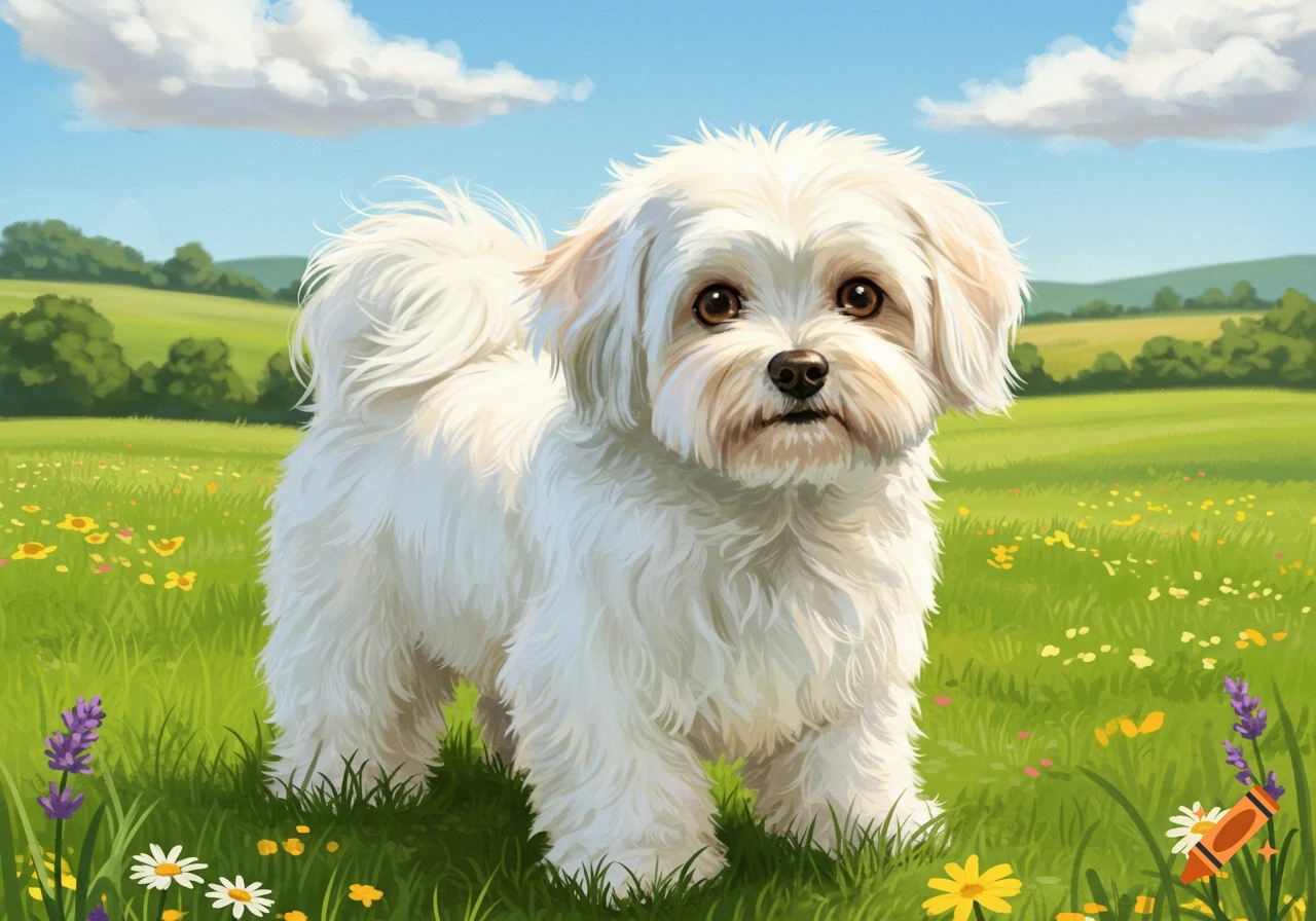 A fluffy white Coton de Tulear dog stands in a vibrant green field with wildflowers under a blue sky, illustration.